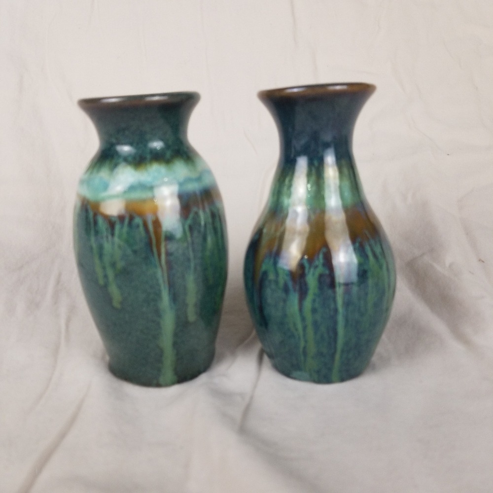 Drip Glaze Ceramic Bud Vases Set Pair Green Teal Brown Boho mantel hand made